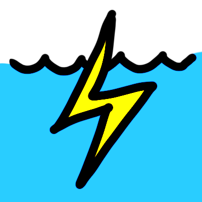 a bright yellow zigag, suggesting a flash of lightning, in front of very high, bright blue choppy water.